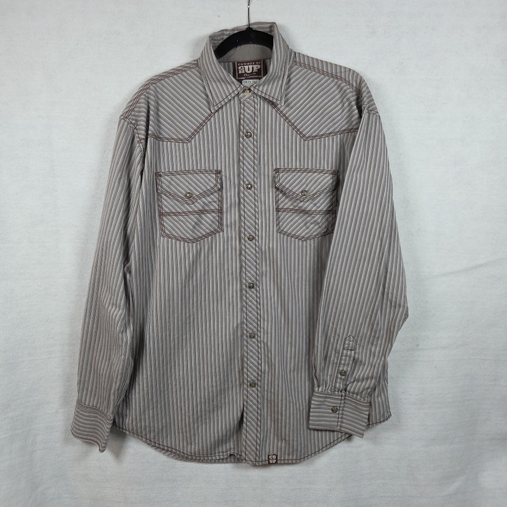 Cowboy Up Western Classic Fit Striped Pearl-Snap Shirt Mens Gray Brown L